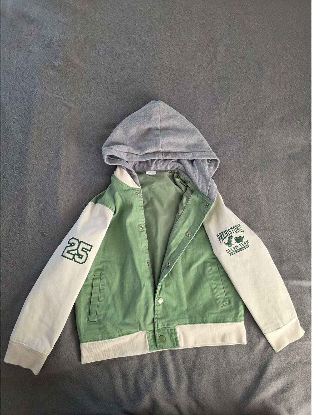 Wonder Nation Kids Size 10 Green Varsity Hooded Jacket Snap Front Prehistoric